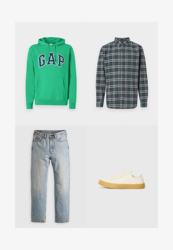 Zelená mikina s klokaní kapsou a kapucí na stahování. Velké logo "GAP" v námořnické modři orámované bílou barvou na hrudi. Materiál z bavlněné směsi.; Zelená flanelová košile s kostkovaným vzorem, která obsahuje modré, bílé a hořčičně žluté pruhy. Zapínání na knoflíky a špičatý límec. Dlouhé rukávy.; Jednoduché světle šedé tričko s krátkým rukávem a kulatým výstřihem, vystavené na bílém pozadí, pohled zepředu bez viditelných log nebo designů.; Svetle modré džíny z denimu s vysokým pasem, předním knoflíkem, zipem a designem s pěti kapsami, ležící rovně na neutrálním pozadí.; Plátěné tenisky v krémové barvě s kulatou špičkou, s béžovými gumovými podešvami a pěti očky na tkaničky, texturovaný povrch horní části.