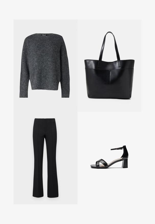 ONLY ONLMOON LIFE SLIT - Džemper - dark grey; Mustad lõhkedega püksid ribatekstuuriga ja kitsas vöökoht. Disainil on vertikaalsed õmblused, et saavutada voolujooneline välimus. Nähtavaid metallosi ei ole.; Must mustaga avatud varvastega kontsasaapad, millel on ristatud rihmad, reguleeritav pahkluu riba ja tükike konts, millel on sile nahk tekstuur.; Must mustaga musta nahast, millel on kaks pikka kanda, sile tekstuur ja struktureeritud kuju. Esipoolsel on lisakoti jaoks tasku.