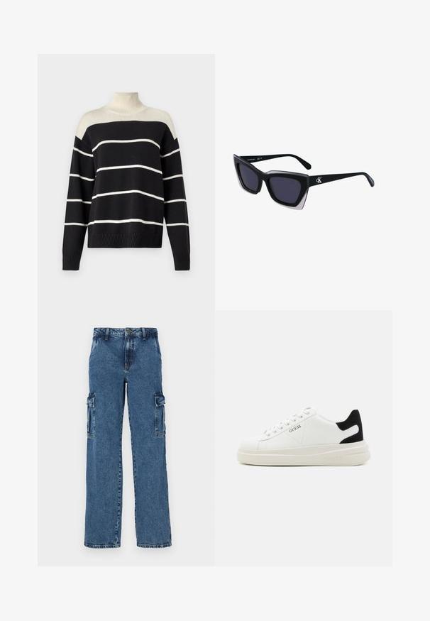 Sweter typu golf czarno-kremowy w paski z ribbowanym kołnierzem i mankietami. Posiada szerokie poziome paski oraz luźny krój.; Czarny t-shirt z krótkimi rękawami, z błyszczącym logo "Guess" w stylu pisma oraz napisem "Los Angeles" poniżej, wykonany z miękkiej bawełny.; Niebieskie dżinsowe spodnie cargo o luźnym kroju, z dwiema bocznymi kieszeniami, wzmocnionymi szwami i prostym krojem nogawki.; Białe skórzane sneakersy z grubą białą podeszwą, czarnym zamszowym akcentem na pięcie oraz wytłoczonym logotypem z boku. Projekt z sznurówkami i sześcioma dziurkami.; Czarne, oversize okulary przeciwsłoneczne o geometrycznym kształcie, z ciemnymi soczewkami i kontrastującym szarym detalem na oprawie. Logo na ramieniu.
