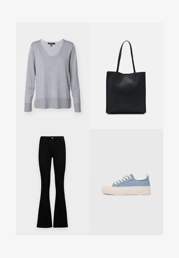 Halli kudumisjakk V-kaelusega, pikkade varrukatega, ribatud äärega ning külgsisselõigetega. Sile tekstuur, keskmine kaal ja juhuslik disain.; Mustad kõrge vöökohtadega teksad, millel on nööp ja lukuga sulgemine, esikäe taskud ja laienevad sääred, asetatud tasasele valgele taustale.; Heledad sinised kangast tennisekingad koorevärvi kummist varbakatte ja taldaga, millel on valged paelad ja tõmblukk kandadel.; Mustast nahast kott sujuva tekstuuriga, ristkülikukujuline ja kahe pika sangaga. Pole nähtavat riistvara ega kaunistusi.