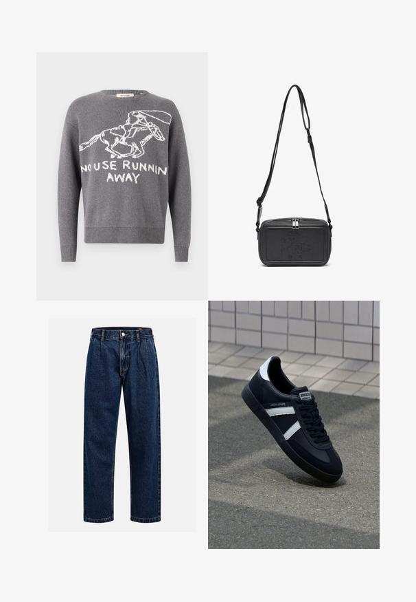 Pull en tricot gris avec un motif blanc représentant un lapin courant et le texte "PAS D'UTILITÉ À FUIR". Poignets et ourlet côtelés. Encolure classique.; Jean en denim bleu foncé avec une coupe droite. Présente des coutures visibles, une fermeture par bouton et des plis à l'avant pour un détail supplémentaire.; Sneaker en cuir noir avec des rayures blanches, semelle en caoutchouc texturée et devant à lacets. Présente une étiquette de marque sur la languette.; Sac bandoulière en cuir noir avec une fermeture éclair, logo embossé à l'avant et une sangle réglable. Texture lisse avec une forme rectangulaire.