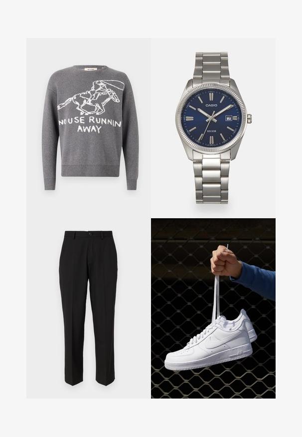 Szürke kötött pulóver, fehér grafikával, amely egy futó nyulat ábrázol, és a "NINCS HASZON MEGHIMMEREDNI" felirattal. Domború mandzsetták és alsó szegély. Klasszikus kerek nyakú.; Fekete nadrág sima anyagból, egyenes lábformával, elülső zsebekkel, egygombos záródással és látható minták nélkül.; Fehér bőr sportcipők perforációval, kerek orral, lapos talppal és vastag fűzőkkel, látható swoosh logóval és "AIR" felirattal a sarokrészen.; Ezüst színű rozsdamentes acél karóránk sötétkék számlapja van, fém óraszámlálókkal és egy dátumablakkal a 3 órás pozícióban. 50 méterig vízálló.