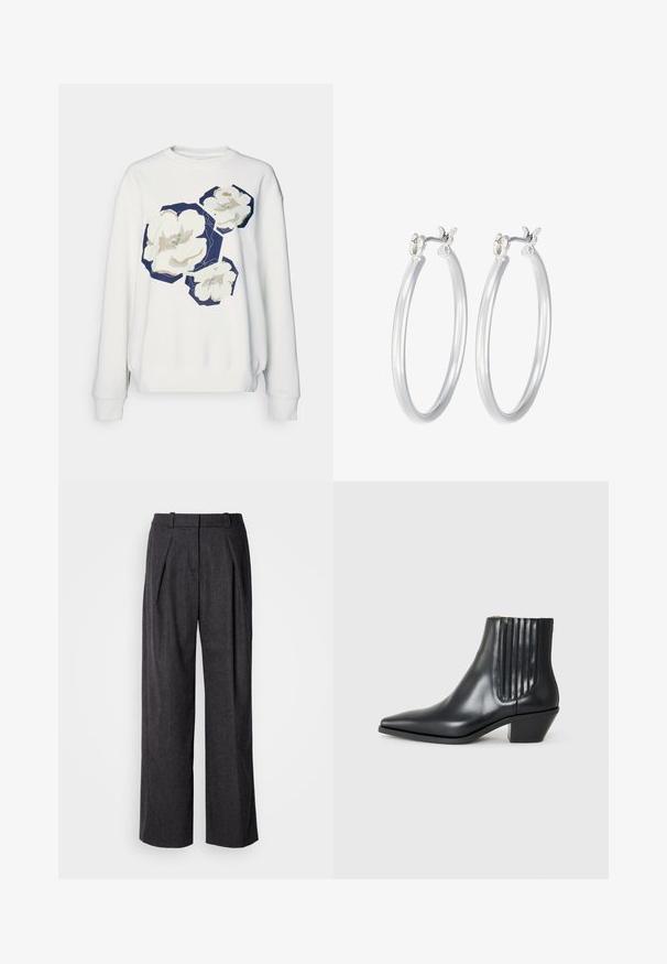Biela mikina s tromi veľkými kvetinovými vzormi v krémových a námorníckych hexagonálnych akcentoch, s rebrovanými manžetami a zaobleným výstrihom.; Tmavošedé široké nohavice s textúrovanou tkaninou, s prednými záhybmi a klasickým dizajnom pásu. Žiadne viditeľné vrecká.; Čierna kožená členková topánka s špicatou špičkou, elastickými bočnými panelmi s vertikálnymi drážkami a nízkym blokovým podpätkom. Hladká textura a elegantný dizajn.; Strieborné kruhové náušnice s hladkým, lesklým povrchom. Kolový tvar a bezpečné klikanie na uzatváranie. Ľahký dizajn vhodný na každodenné nosenie.