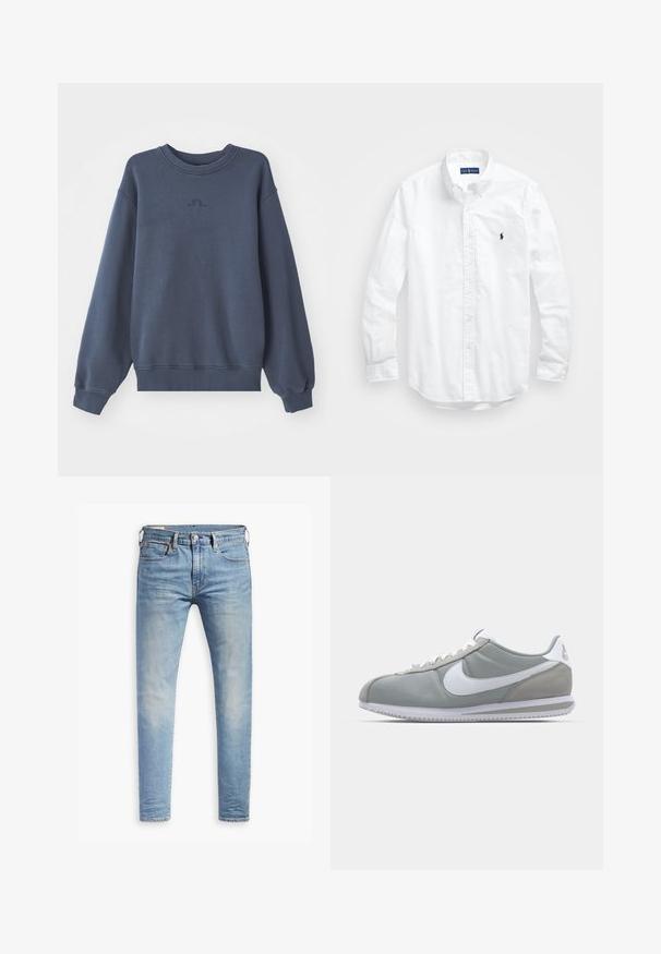 Mörkblå sweatshirt gjord av texturerad tyg, med ribbat rundhals och muddar. Litet broderat logotyp på bröstet.; Vit långärmad skjorta i bomull med knappar. Har en klassisk krage, knappmanchetter och en liten broderad logotyp i marinblått på bröstet.; Ljust blå smala jeans med lätt blekning på låren, framknäppning, bältesslingor och fem fickor på en vit bakgrund.; Grå idrottssko med ovandel i mocka och textil, vit Nike-swoosh och vita snören. Har en texturerad gummisula och vadderad krage.