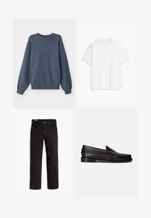 Sweat-shirt bleu foncé en tissu texturé, avec un col rond à côtes et des poignets ribstre. Petit logo brodé sur la poitrine.; T-shirt en coton blanc à manches courtes, col rond, avec un logo "Levi's" discret imprimé en couleur claire sur le devant.; Jean en denim noir à jambes droites avec cinq poches, fermeture à bouton et passants de ceinture, posés à plat sur un fond blanc.; Mocassins en cuir noir à finition lisse, bout arrondi et bande décorative sur le dessus. Ils présentent une semelle noire basse.