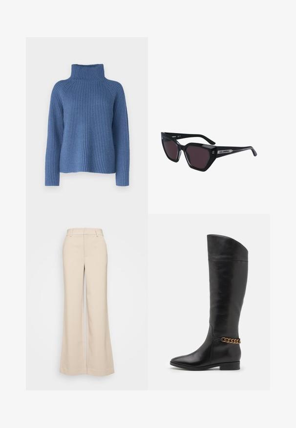 Blauwe geribde coltrui met lange mouwen en een losse pasvorm. Voorzien van een hoge kraag en een gestructureerd breiwerk.; Beige wijduitlopende broek met een gladde textuur, voorzien van een hoge tailleband en twee voorzakken. Schoon ontwerp met een getailleerde pasvorm.; Hoge zwarte leren laarzen met een slank ontwerp, spitse neus en een gouden kettingaccent bij de enkel. Lage blokhak. Glad textuur.; Zwarte zonnebril met een kattenoogontwerp, voorzien van donkere lenzen, een glanzende afwerking en subtiele logo-accenten op de pootjes.