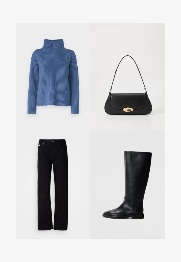 Blå ribbestrikket høyhalset genser med lange ermer og en avslappet passform. Har en høy krage og strukturert strikkedesign.; Svart denim rettfittede bukser med fem lommer, sølvnitter og knappestolpe. Stoffet har en glatt, lett teksturert overflate.; Sorte skinnhøye støvler med rund tå, glatt tekstur, minimalistisk design og flat såle. Enkle sømdetaljer på skaftet.; Svart lærveske med en buet design, gullfarget hardware og et håndtak på toppen. Har en elegant lukking og glatt tekstur.