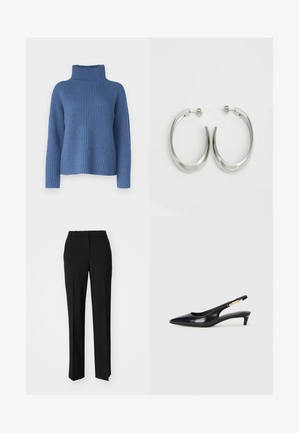 Blå ribbad turtlenecktröja med långa ärmar och avslappnad passform. Har en hög krage och texturerad stickad design.; Svarta skräddarsydda byxor med rak benform, med en slät yta och skarpa veck fram. Ingen synlig hårdvara.; Svart läder slingback-hälar med spetsig tå, med en smal klack och en guldtonad detalj på den justerbara remmen. Slät textur.; Silverfärgade hoopsörhängen med en slät, böjd design. Har en glänsande metallisk yta och ett stiftlås. Inga synliga mönster eller detaljer.