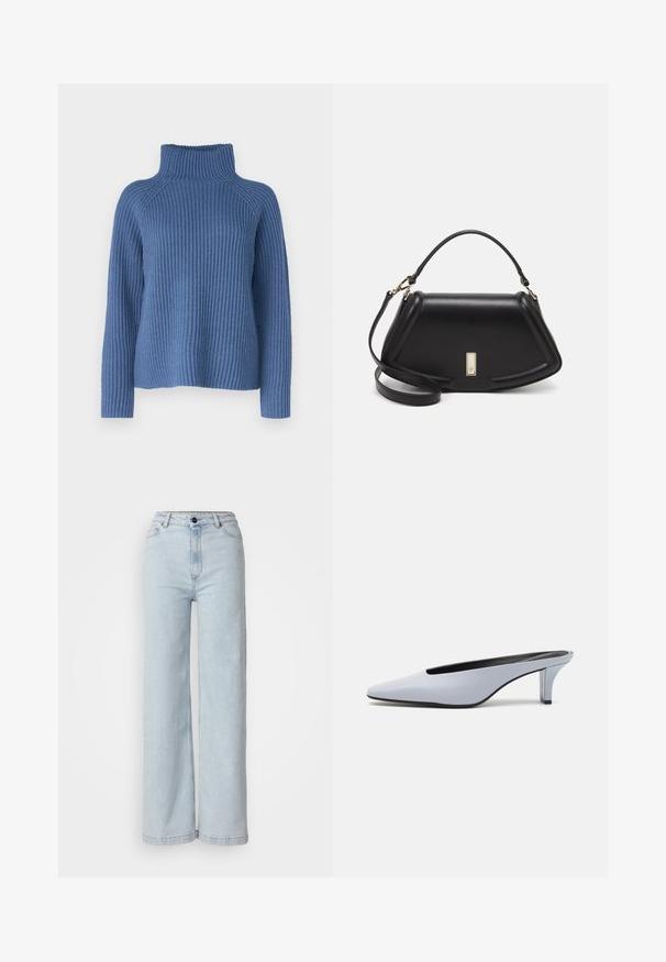 Blauer gerippter Rollkragenpullover mit langen Ärmeln und lockerer Passform. Mit hohem Kragen und strukturiertem Strickdesign.; Helle blaue, weite Jeans aus Denim mit hoher Taille, Vorderknopfverschluss und klassischem Fünf-Taschen-Design. Glatte Textur.; Helles blaues Lackleder-Mule mit spitzem Zehenbereich, niedrigem transparentem Absatz und einem eleganten Design, das einen Ausschnitt im Vorderblatt aufweist.; Schwarze Lederhandtasche mit einem strukturierten Design, das eine verkürzte Form, einen oberen Griff und goldfarbene Hardware-Details aufweist. Verstellbarer Schulterriemen ist enthalten.