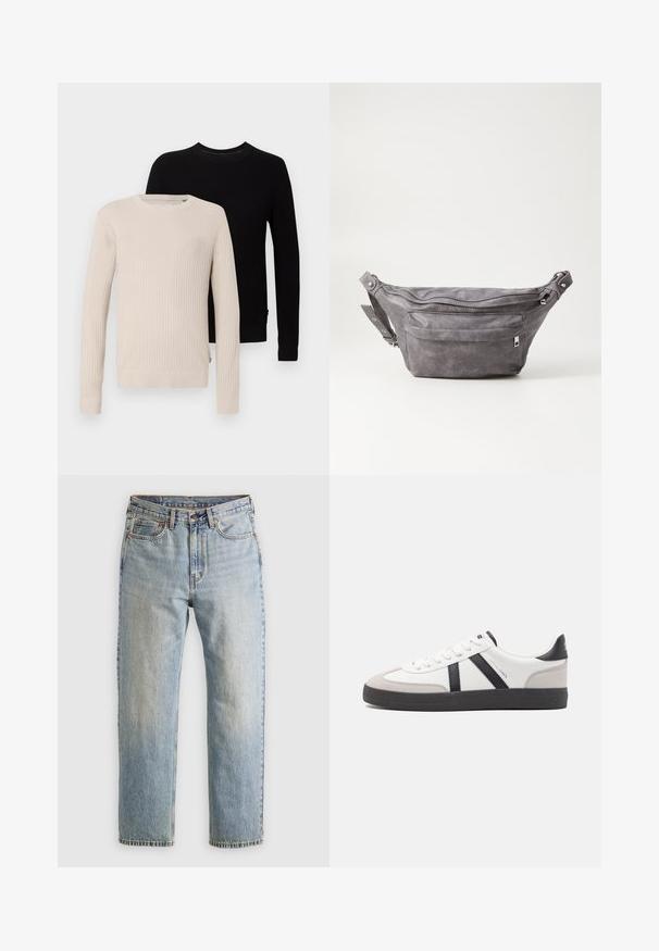 Dwa swetry z prążkowanego dzianiny: jeden beżowy, a drugi czarny. Oba mają długie rękawy i okrągłe dekolty, z widocznymi wzorami teksturowymi.; Jasnoniebieskie dżinsy z wysokim stanem, z guzikiem z przodu, zamkiem błyskawicznym i pięcioma kieszeniami, ułożone na płasko na neutralnym tle.; Białe sneakersy z czarnymi i szarymi akcentami, z teksturowanym szarym czubkiem, czarną gumową podeszwą i płaskimi białymi sznurowadłami. Czysty design, minimalistyczny styl.; Szara zamszowa saszetka biodrowa o zaokrąglonym kształcie, z dwoma zasuwanymi komorami i regulowanym paskiem. Wyróżnia się metalowymi akcentami.