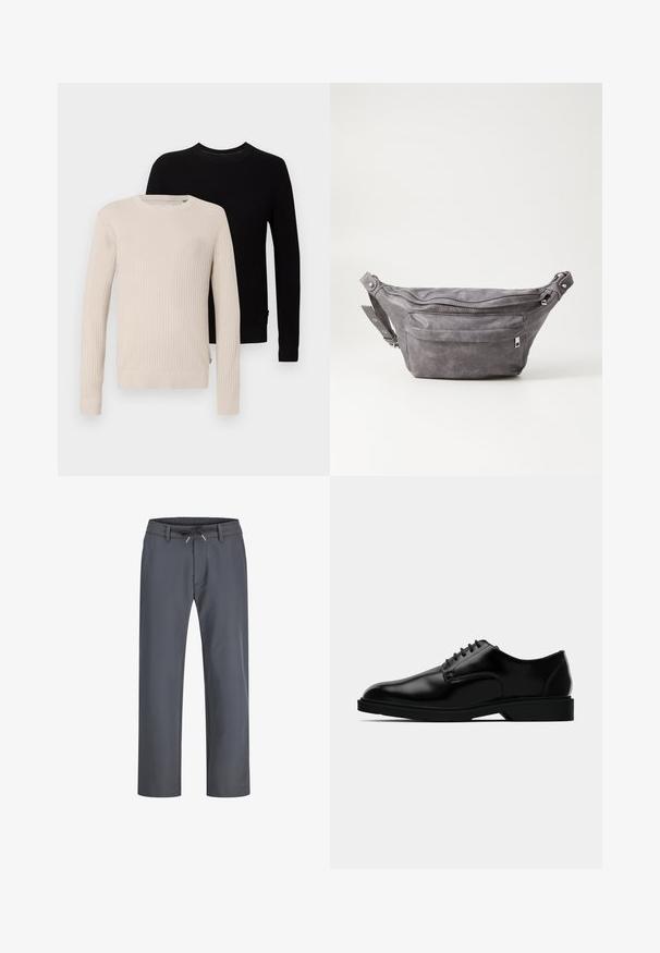 Two ribbed knit sweaters: one beige and one black. Both feature long sleeves and round collars, with visible textured patterns.; Gray, elastic waistband pants with a drawstring. Straight leg design, made from smooth fabric, feature minimal stitching and no visible hardware.; Black leather dress shoe with a smooth finish, rounded toe, lace-up design, and understated rubber sole for traction.; Gray suede fanny pack with a rounded shape, two zippered compartments, and adjustable strap. Features metal hardware accents.