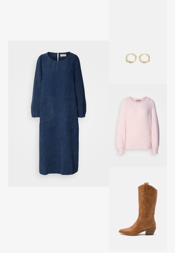 Svetlo roza pulover iz mehkega pletenega materiala, z okroglim izrezom, raglan rokavi in rebrastimi manšetami. Diskretna podrobnost logotipa na robu.; Mornarsko modra kordna obleka z dolgimi naborki, okroglo izreznico, dvema sprednjima žepoma in odprtino s ključavnico na hrbtni strani. Mehka, teksturirana tkanina.; Rjavi usnjeni kauboj čevlji s koničastim nosom, vezenimi vijugastimi vzorci na zgornjem delu in zloženim kvadratnim peto. Imajo zanko za enostavno obuvanje.; Zlate obročaste uhane z teksturirano, nepravilno obliko. Imajo brezšivno zapiranje in poliširano površinsko obdelavo, kar poudarja sodoben dizajn.