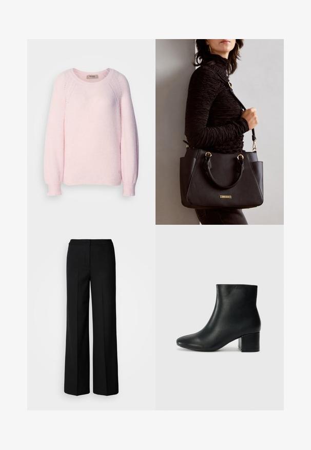 Hauchzart rosa Pullover aus weichem Strickstoff, mit Rundhalsausschnitt, Raglanärmeln und gerippten Bündchen. Subtiler Logodetail am Saum.; Schwarze weit geschnittene Hosen aus glattem Stoff mit hoher Taille, taillierten Nähten und minimalistischer Gestaltung. Keine sichtbaren Beschläge oder Taschen.; Schwarze Leder-Ankle-Boots mit spitzem Zehenbereich und klobigem Absatz. Glatte Textur mit minimalen Akzenten und einem eleganten, taillierten Design.; Schwarze Handtasche mit strukturierten Oberflächen, doppelten Obergriffen und verstellbarem Schultergurt. Mit goldfarbener Hardware und Seitentaschen.
