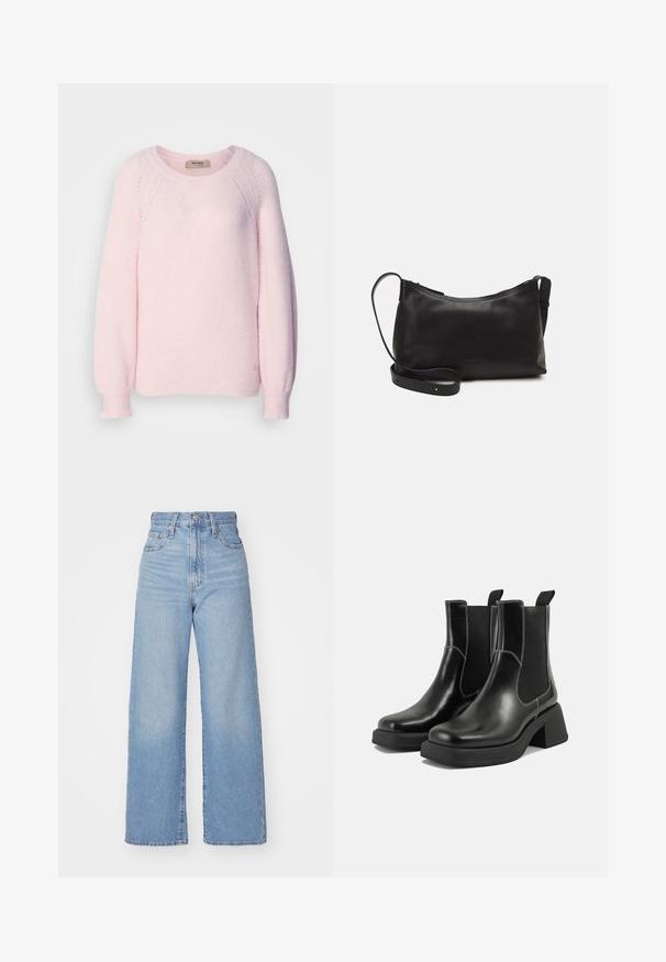 Maglione rosa chiaro realizzato in morbido tessuto a maglia, con scollo rotondo, maniche raglan e polsini a costine. Dettaglio logo discreto sull'orlo.; Jeans a vita alta blu chiaro con gamba larga, chiusura frontale con bottone e zip, tasche anteriori e posteriori, su uno sfondo bianco.; Stivali Chelsea in pelle nera con tacco spesso, pannelli elasticizzati sui lati e cuciture bianche a contrasto. Finitura testurizzata.; Borsa a spalla in pelle nera con una texture liscia, forma curva, tracolla regolabile e chiusura con zip. Design minimalista senza ornamenti.