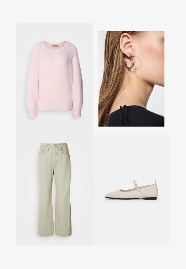 Lysrosa genser laget av mykt strikket stoff, med rund hals, raglan-ermer og ribbestrikkede mansjetter. Subtil logo detalj på kanten.; Lyseblå vide jeans laget av denim, med høy midje, fem lommer og subtil falming med kontraststing.; Hvit skinn Mary Jane-flats med spiss tå, sidebuckle og lav svart hæl. Glatt tekstur og minimalistisk design.; Sølv ringøredob med en polert finish, med små gull detaljer og en rund form, båret på øreflippen.