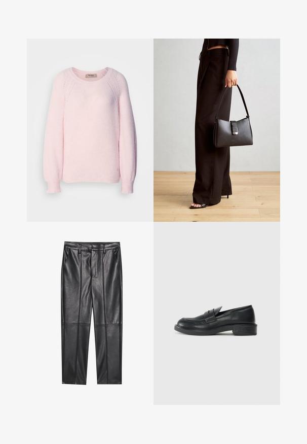 Vaaleanpunainen villapaita, joka on valmistettu pehmeästä neuloksesta. Siinä on pyöreä pääntie, raglan-hihat ja resorikohdistukset. Hieman huomaamaton logo yksityiskohtana helmassa.; Musta nahkahousut, joissa on sileä pinta, suora leikkaus, kaksi etutaskua ja näkyvät saumat.; Musta nahkainen loafers-mallinen kenkä pyöreällä varvalla, ommelluilla yksityiskohdilla ja pienellä korolla. Yksinkertainen pinta ja joustava kumipohja.; Musta käsilaukku, jossa on rakenteellinen muoto, sileä pinta ja metallinen solki. Yhdistetty leveisiin mustiin housuihin ja avonaiheisiin sandaaleihin puulattialla.