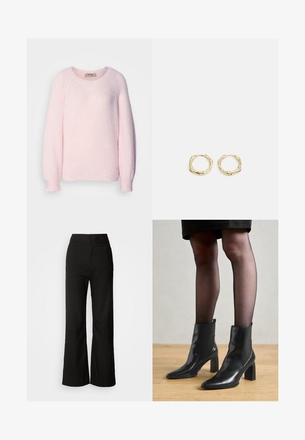 Heledu roosa kampsun, mis on valmistatud pehmest kudumiskoest, ümara kaelusega, raglanvarrukatega ja ribadega mansettidega. Peen logo detail alläärs.; Mustad laiad püksid sujuva tekstuuriga, kõrge vöökoht ja puhas disain. Ei ole nähtavaid taskuid ega dekoreerimist.; Mustad mustad jalanõud terava ninaga, paksu ruudukujulise kontsaga ja saleda disainiga. Omavad elastseid külgpaneele mugavaks selga tõmbamiseks.; Kuldsete rõngaskõrvarõngaste tekstuuriga, ebakorrapärane kuju. Omab sujuvat lukustust ja poleeritud pinnatöötlust, rõhutades kaasaegset disaini.