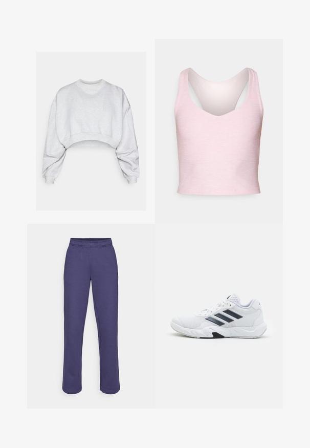 Gray cropped sweatshirt made of soft fabric, featuring a round neckline, dropped shoulders, and ribbed cuffs. No visible patterns or logos.; Light pink, sleeveless cropped tank top made of soft material, featuring a V-neckline and a racerback design with a smooth texture.; Purple sweatpants with an elastic waistband, straight legs, and a soft cotton blend fabric. No visible patterns or hardware details.; White athletic shoe with mesh upper, three black stripes on the side, textured accents, and a sturdy rubber sole with a contrasting black section.