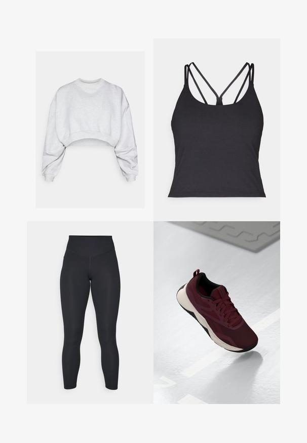 Gray cropped sweatshirt made of soft fabric, featuring a round neckline, dropped shoulders, and ribbed cuffs. No visible patterns or logos.; Black tank top featuring thin straps with a crisscross design at the back. Made from soft, stretchy material with a fitted silhouette.; Black leggings with a high waist, smooth texture, and fitted design. Features flat seams and full-length coverage with no patterns.; Maroon athletic shoe with mesh upper, black accents, and a cushioned white sole. Features lace-up closure and pull tab at the heel.
