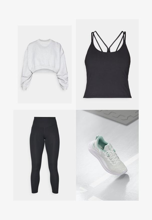 Sudadera gris corta hecha de tela suave, con cuello redondo, hombros caídos y puños de canalé. Sin patrones ni logotipos visibles.; Top negro sin mangas con tirantes finos y un diseño entrecruzado en la parte posterior. Confeccionado en un material suave y elástico con una silueta ajustada.; Leggings negros de cintura alta, con textura suave y diseño ajustado. Cuentan con costuras planas y cobertura completa sin patrones.; Zapatilla atlética gris claro con parte superior de punto texturizado, detalles en verde menta, cordones blancos, suela de goma y tira en el talón.