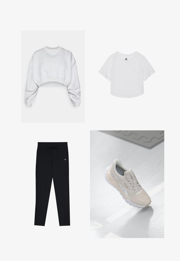 Sivý krátky sveter vyrobený z mäkkej tkaniny, s okrúhlym výstrihom, spadnutými ramenami a rebrovanými manžetami. Bez viditeľných vzorov alebo loga.; Biele skrátené športové tričko s krátkymi raglánovými rukávmi, okrúhlym výstrihom a malým logom na hrudi. Hladká, ľahká tkanina.; Čierne legíny s hladkou textúrou, so sťahovacím pásom a jemným logom. Strih je priliehavý a zužuje sa na členkoch.; Svetlo béžová atletická obuv s perforovaným zvrškom, textúrovanými akcentmi, polstrovaným golierom a bielou gumovou podrážkou, navrhnutá pre pohodlie a priedušnosť.