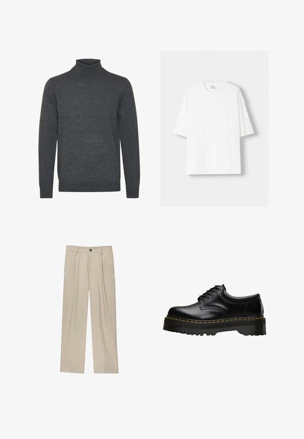 Szary sweter z golfem wykonany z miękkiej dzianiny. Posiada prążkowany kołnierz i mankiety, długie rękawy oraz prosty, nieozdobiony design.; Biała koszulka z krótkim rękawem wykonana z bawełny, z okrągłym dekoltem i luźnym krojem. Gładka faktura, bez widocznych wzorów lub akcentów.; Beżowe spodnie o prostym kroju, z pojedynczym czarnym guzikiem, szlufkami na pasek oraz bocznymi kieszeniami. Gładka faktura materiału i minimalistyczny design.; Czarne skórzane buty sznurowane z grubą, ząbkowaną czarną gumową podeszwą i żółtym przeszyciem wzdłuż krawędzi, charakteryzujące się gładkim wykończeniem.