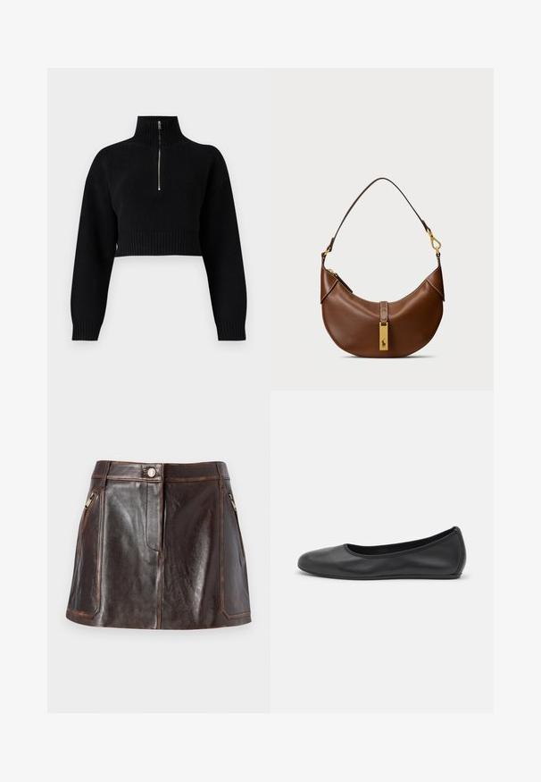 Musta lyhytneuleinen paita korkealla kauluksella, jossa on puolivetoketju. Neulotut tekstuurit, leveät hihat ja joustinneulekoristelu helmassa.; Ruskea nahkainen mini-hame, jossa on tyylikäs muotoilu, kaksi vetoketjullista sivutaskua ja kontrastiväriset ompeleet reunoilla.; Musta nahkainen ballerina, jossa on pyöristetty kärki, sileä pinta, minimaalinen ommelkoristelu ja joustava pohjamuotoilu.; Ruskea nahkainen olkalaukku, jossa on kaareva muoto, kultaiset yksityiskohdat, yläklipsi ja logotaitto. Sujuva tekstuuri, jossa on ommellut reunat.