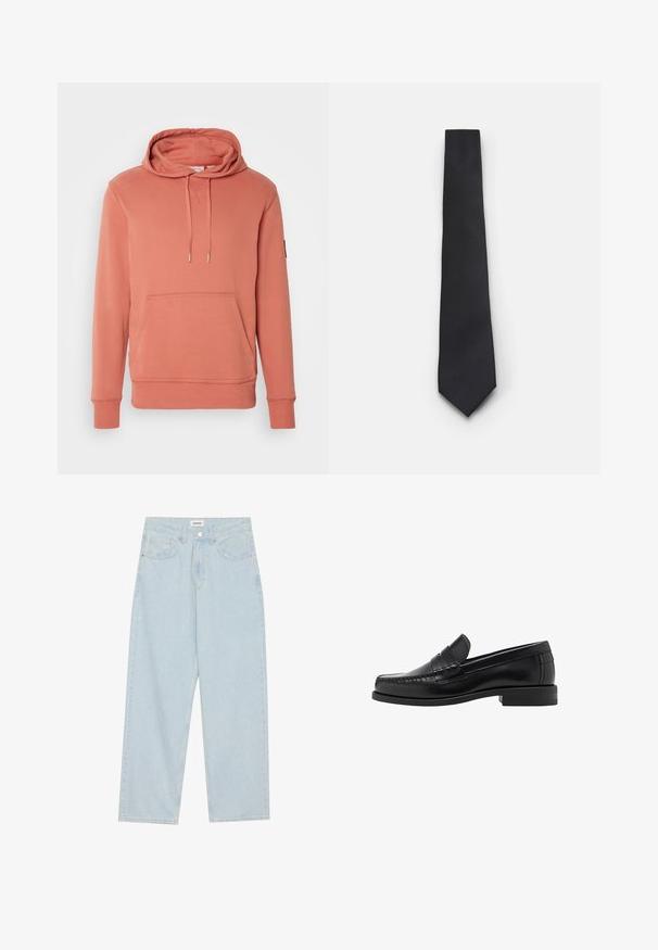 Felpa rosa con cappuccio regolabile, tasca a canguro, polsini e orlo a coste. Realizzata in tessuto morbido con una finitura liscia.; Camicia bianca a maniche lunghe con bottoni realizzata in cotone, caratterizzata da un colletto classico, bottoni frontali e dettagli di cucitura minimal.; Jeans azzurri a gamba larga in denim, con vita media, cinque tasche e chiusura con bottone accompagnata da un sottile accento metallico.; Mocassini in pelle nera con una finitura liscia, dettagli cuciti sulla punta e un design a tacco basso per comfort e stile.; Cravatta nera stretta con un motivo a coste diagonali testurizzate. Presenta una punta appuntita e una finitura liscia. Adatta per abbigliamento formale.