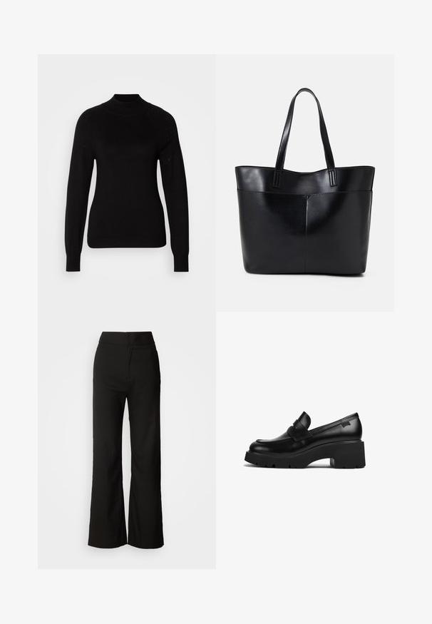 Melna garām piedurknēm puloveri ar augstu kakla izgriezumu, ribotām aprocēm un raglāna piedurknēm, kas rotātas ar mazām perforācijām plecos.; Melni platlegu bikses ar gludu tekstūru, augsto vidukli un tīru dizainu. Nav redzamu kabatu vai rotājumu.; Melnas ādas chunky papēža loafers ar biezu zoli un siksniņas detaļu pāri augšai, attēlots no sāna uz baltas fona.; Melnas ādas iepirkumu soma ar divām garām rokturām, gludu tekstūru un strukturētu formu. Iekļauj priekšējo kabatu papildu uzglabāšanai.