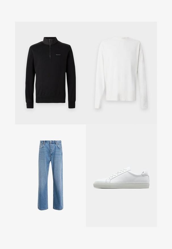 Felpa nera con colletto a metà zip, maniche lunghe e logo sul petto. Presenta una superficie liscia e polsini aderenti.; Camicia bianca in cotone a maniche lunghe con scollatura rotonda, spacchi laterali in fondo e una texture liscia, mostrata da dietro.; Jeans in denim blu chiaro con design a gamba dritta, cinque tasche, chiusura con bottone, leggero sbiadimento e dettagli di cucitura a contrasto.; Sneaker bianco con tomaia in pelle liscia e profilo basso. Presenta una punta arrotondata, sei occhielli e una suola in gomma testurizzata.