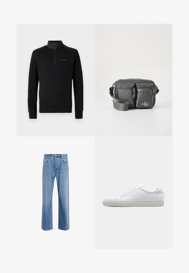 Black sweatshirt with a half-zip collar, long sleeves, and a logo on the chest. Features a smooth texture and fitted cuffs.; Light blue denim jeans with a straight-leg design, five pockets, button closure, minimal fading, and contrasting stitching details.; White sneaker with a smooth leather upper and a low profile. Features a rounded toe, six eyelets, and a textured rubber sole.; Gray nylon crossbody bag with two zippered front pockets, adjustable strap, and logo accent. Smooth texture with a modern design.