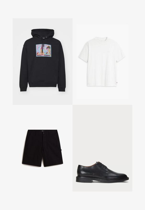 Schwarzer Kapuzenpullover mit einer Vordertasche, der eine farbenfrohe Grafik von zwei klassischen Figuren und floralen Akzenten zeigt. Aus Baumwollmischung.; Weißes Baumwoll-T-Shirt mit kurzen Ärmeln, Rundhalsausschnitt und dezentem Levi's-Logo in der Mitte. Weicher Stoff und normale Passform.; Schwarze Shorts aus Baumwolle mit einem normalen Bund, zwei Fronttaschen und einer bequemen Passform. Einfaches Design ohne sichtbare Muster.; Schwarze Lederdressschuhe mit runder Zehenform, Schnürdesign und niedrigem gestapeltem Absatz. Glatte Textur mit minimalen Nähten.
