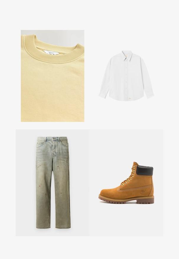 Kreemivärvi kampsun, millel on soonikuga ümardatud kaelus. Pehme tekstuur ja sile kangas, mille sees on "NEXT" sildiga täiustatud etikett.; Valge nööpidega särk klassikalise kraega, pikkade varrukatega ja ümarate servadega; paremas alumises nurgas on väike oranž logo.; Karmiinroheline kulunud denim teksapüksid, millel on sirge jalg, viie taskuga disain ning ebaühtlane pleekimine koos värvikrõpsudega.; Küpset tan suede sääreboot musta pehmea kraega, kuldsed metallist silmad, valge õmblemise detailid ja robustne kummist tallaga, millel on väljendunud mustrid.