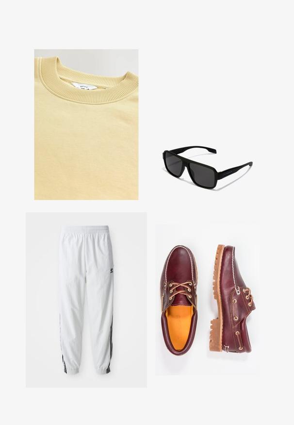 Cremefarvet sweatshirt med ribbet rund halsudskæring. Blød tekstur og glat stof, med et mærke med "NEXT" label indeni.; Sort kortærmet t-shirt med rund udskæring, lavet af et glat, strækbart stof. Pasformen er slim og designet til at sidde tæt til kroppen.; Hvide træningsbukser med sorte sidelister, elastisk talje og manchetter; har Adidas-logoet på venstre lår. Glat stoftekstur.; Bordeaux lædersko med brune gummisåler, rund tå, hvid syning og gyldne snøringer. Indersiden har et gult for.; Hawkers PARLAY - Solbriller - black
