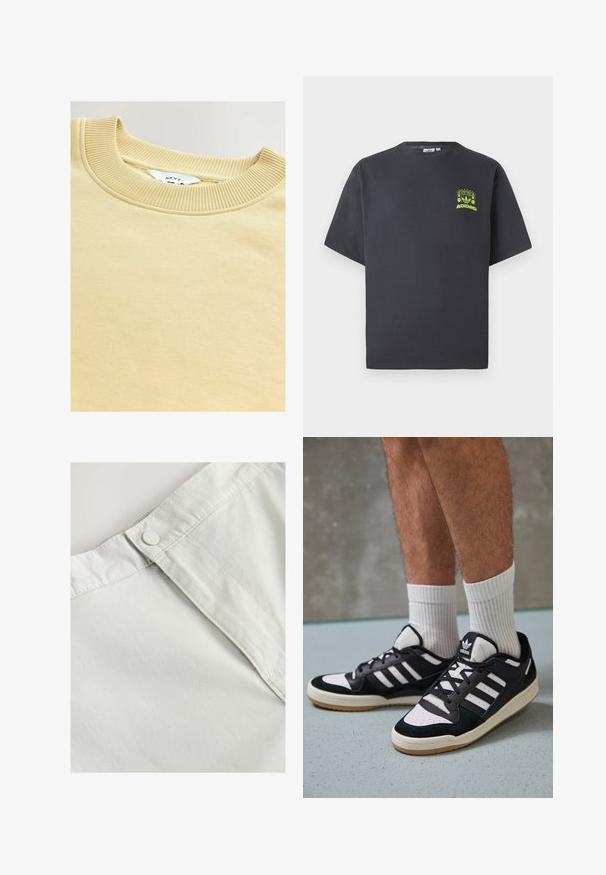 Sudadera color crema con cuello redondo acanalado. Textura suave y tejido liso, con una etiqueta que dice "NEXT" en el interior.; Camiseta de Adidas en gris carbón con mangas cortas y un pequeño gráfico en neón verde de altavoces, sol y el logo de Adidas en el lado izquierdo del pecho.; Tejido de algodón blanco con cierre de botón en la cintura, que presenta una sutil textura y detalles cosidos a lo largo de las costuras.; Zapatillas en blanco y negro con parte superior de ante y cuero, que presentan tres franjas blancas, una puntera perforada y una suela de goma.