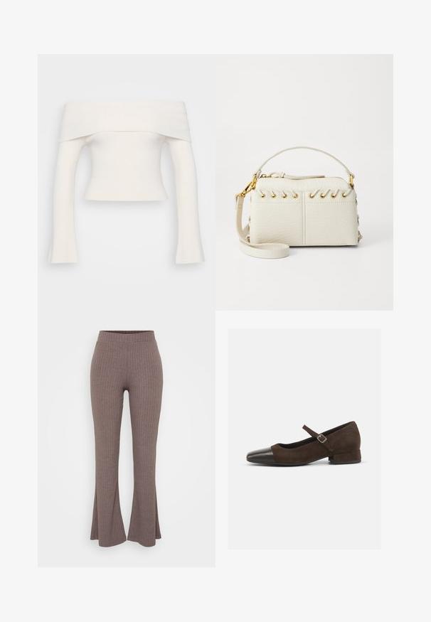 Schulterfreies, geripptes Strickoberteil in Weiß. Verkürztes Design mit langen Ärmeln, die an den Handgelenken ausgestellt sind. Weiche Textur, minimale Details.; Braune gerippte Schlaghosen mit einem hohen, dehnbaren Bund und einer weichen Textur, die ein dezentes vertikales Muster aufweisen.; Braune Wildleder-Mary-Jane-Schuhe mit einer schwarzen Lackleder-Zehenspitze, verstellbarem Riemen und einem niedrigen Blockabsatz. Glatte Textur mit minimalen Akzenten.; Weiße Kunstlederhandtasche mit einem oberen Reißverschluss, einem kurzen Griff und einem abnehmbaren Schultergurt mit goldfarbener Hardware. Seitliche Schnürdetails.; Silberne Creolen mit polierter Oberfläche, die kleine goldene Akzentdetails und eine runde Form aufweisen, am Ohrläppchen getragen.