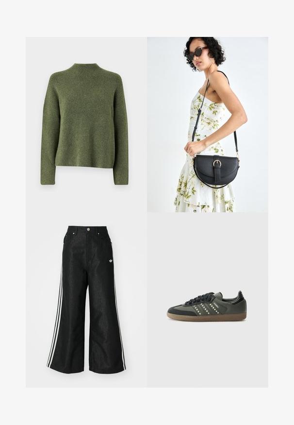 Olivgrüner, gerippter Strickpullover mit hohem Kragen und langen Ärmeln, der eine lockere Passform und eine weiche Textur bietet. Keine sichtbaren Muster oder Akzente.; Schwarze, weit geschnittene Jeans mit drei weißen Streifen an jeder Seite und einem kleinen weißen Logo. Mit vorderen Taschen und einem Knopfverschluss.; adidas Originals SAMBA OG - Sneaker low - core black/legend earth/gum; Schwarze Lederhandtasche mit geschwungener Form, abnehmbarem Tragegurt und goldenen Beschlägen. Die Tasche verfügt über einen Deckel mit einer Schnallen-Details.