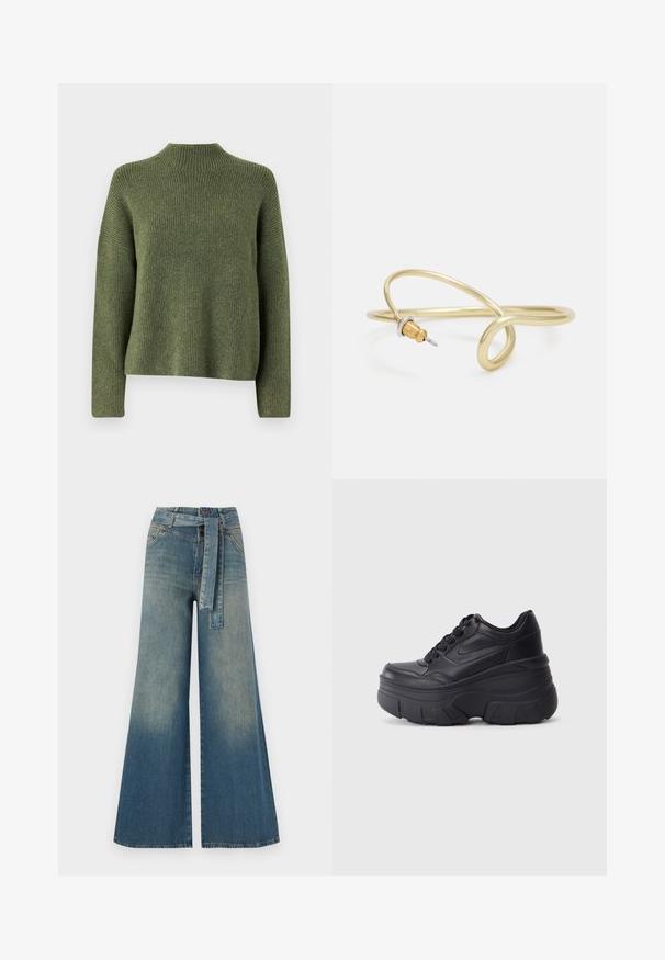 Olišu zaļa ribota adīta džemperis ar augstu kaklu un garām piedurknēm, piedāvājot brīvu piegriezumu un mīkstu tekstūru. Nav redzamu rakstu vai akcentu.; Platām kājām džinsu bikses ar gaismas līdz tumši zilam gradientam, augstu jostas līniju, jostas cilpām un atbilstošu auduma jostu. Tekstūrēts džinsas apdare.; Melni šņorējami sporta apavi ar biezu zoli, ar gludu ādas augšdaļu, noapaļotu purngalu un izteiktu slāņveida platformas dizainu.; Zelta krāsas metāla aproce ar šķidrām, viļņveidīgām formām. Vienā galā ir neliels, izteikts sudraba krāsas akcents.