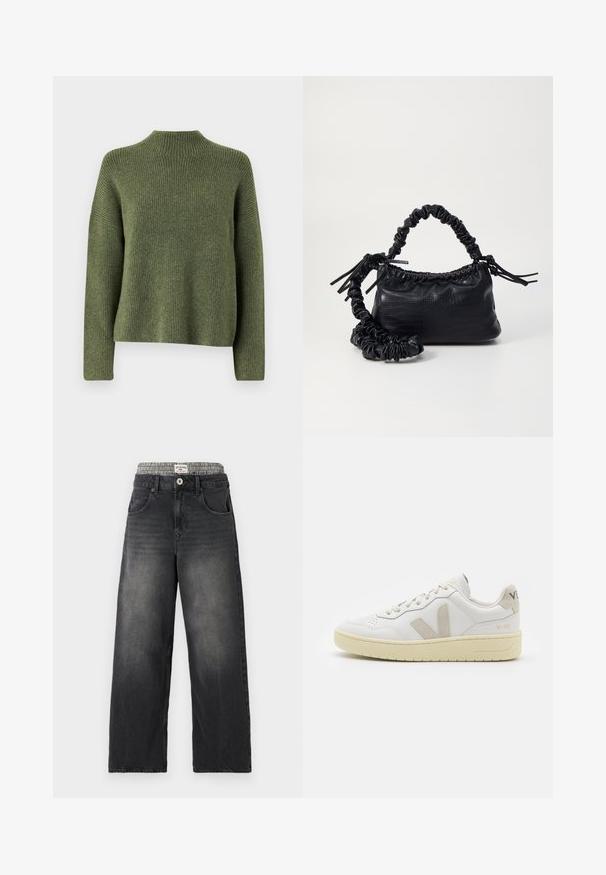 Olive green ribbed knit sweater with a high neck and long sleeves, featuring a relaxed fit and soft texture. No visible patterns or accents.; Black denim wide-leg jeans with a houndstooth patterned waistband. Features include front pockets and a button closure. Distressed texture.; White leather sneaker with beige suede accents, perforated toe box, flat laces, and a textured cream sole. Features subtle branding on heel.; Black faux leather handbag with a crocodile texture, cinched top, and a scrunched strap. Appears soft and compact in design.