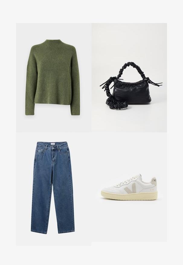 Oliwkowy sweter z żebrowanej dzianiny, z wysokim kołnierzem i długimi rękawami, charakteryzujący się luźnym krojem i miękką teksturą. Brak widocznych wzorów lub akcentów.; Klasyczne niebieskie dżinsy o prostym kroju, pięć kieszeni i zapięcie na guzik. Charakteryzują się średnim odcieniem i solidną teksturą.; Białe skórzane trampki z beżowymi zamszowymi akcentami, perforowanym noskiem, płaskimi sznurowadłami i teksturowaną kremową podeszwą. Posiadają subtelne logo na pięcie.; Czarna torebka z syntetycznej skóry o teksturze krokodyla, z zaciąganym górnym zamknięciem i marszczonym paskiem. Wygląda na miękką i zwartą w designie.