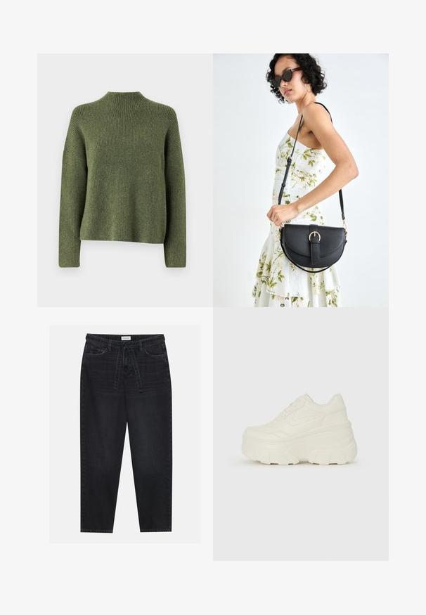 Olivovo zelený pletený sveter s vysokým golierom a dlhými rukávmi, s voľným strihom a jemnou textúrou. Žiadne viditeľné vzory ani akcenty.; Čierne denimové nohavice s voľným strihom, s elastickým pásom a piatimi vreckami. Hladká textúra s minimálnym opotrebovaním a kontrastným šitím.; Biele platformové tenisky s hladkým koženkovým svrchným materiálom, zaobleným tvarom, polstrovaným golierom a textúrovanou gumovou podrážkou s výrazným vzorom.; Čierna kožená kabelka s zaobleným tvarom, odnímateľným popruhom a zlatými doplnkami. Kabelka má klopu s detailom s prackou.