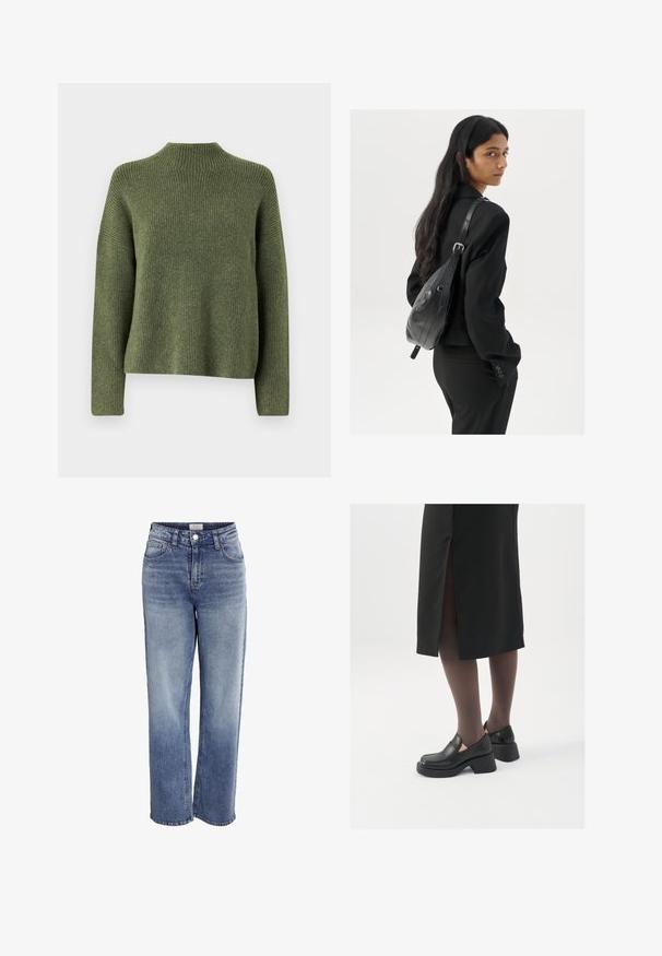 Olive green ribbed knit sweater with a high neck and long sleeves, featuring a relaxed fit and soft texture. No visible patterns or accents.; Light blue denim wide-leg jeans with a high waist, front pockets, and a zipper fly. Features a faded wash and raw hem at the ankles.; Black leather shoes with a rounded toe, thick block heel, and elastic side accents, paired with dark tights and a black skirt with a slit.; Woman with long dark hair wearing a black suit, carrying a black leather shoulder bag, looking over her shoulder against a white background.