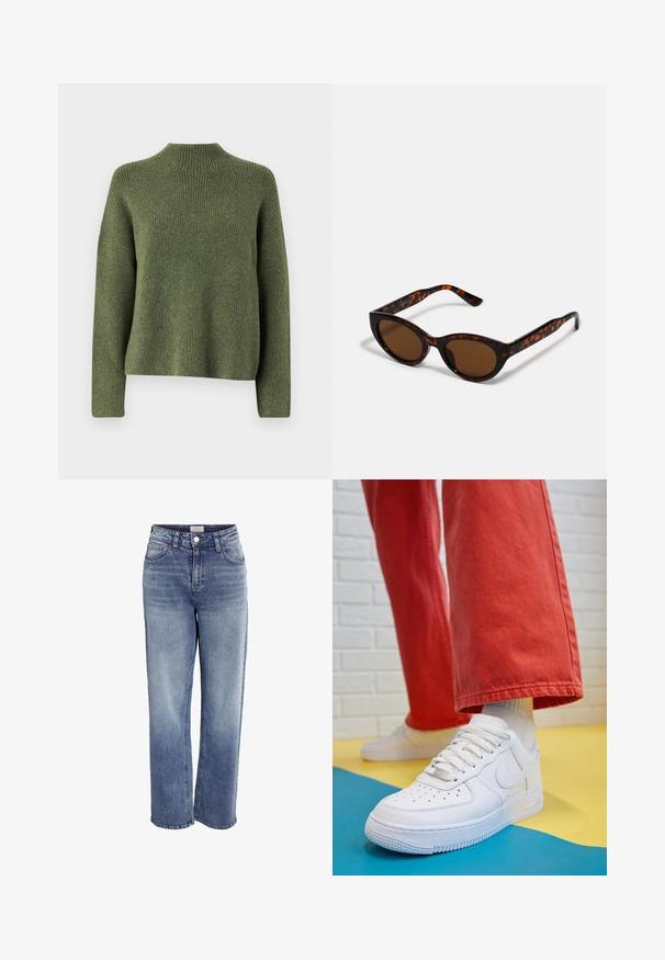 Olive green ribbed knit sweater with a high neck and long sleeves, featuring a relaxed fit and soft texture. No visible patterns or accents.; Light blue denim wide-leg jeans with a high waist, front pockets, and a zipper fly. Features a faded wash and raw hem at the ankles.; White leather sneaker with perforated toe box, textured sole, and white laces, paired with wide red pants and a blue and yellow background.; Brown tortoiseshell sunglasses with a vintage cat-eye shape and brown lenses. Features curved arms with red accents.