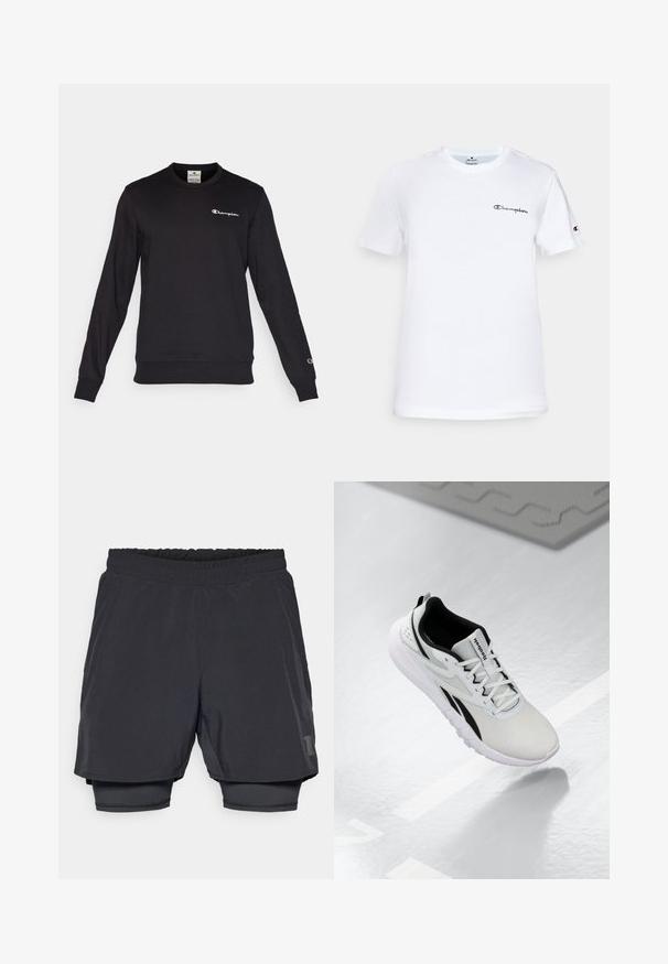 Črna majica iz bombažne mešanice z dolgimi rokavi, rebrastimi manšetami in krojnim vratom. Ima majhen vezeni logotip na prsih in manšetah.; Bela bomba iz bombažne tkanine s krožnim izrezom, kratkimi rokavi in črnim vezenim logotipom "Champion" na prsih in akcentom na rokavu.; Črne športne kratke hlače z elastičnim pasom, plastno zasnovo in oprijetim notranjim podlogom. Na spodnji strani je subtilen logotip.; Svetlo sivi atletski čevljek z črnimi poudarki, teksturirano mrežasto zgornje posodje, oblazinjen podplat in vezalni sistem. Ima zanko za poteg na peti.