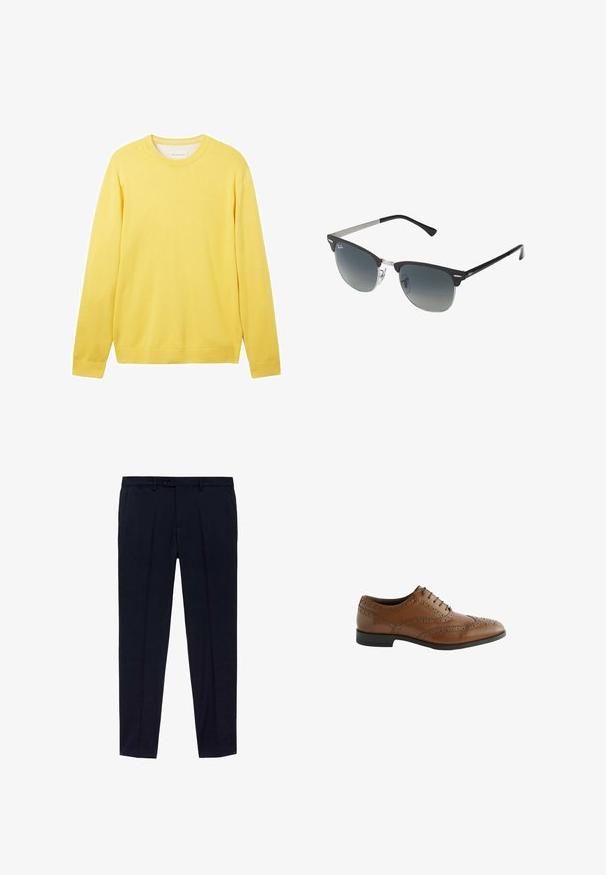 Geel langemouwen trui gemaakt van een gladde, lichte stof. Heeft een ronde hals, geribbelde manchetten en een subtiel logo op de voorkant.; Set van drie T-shirts: één zwart en twee wit. Elk heeft een ronde hals, korte mouwen en is gemaakt van gladde katoenstof.; Marineblauwe broeken met een vlakke voorkant, gemaakt van gladde stof. Kenmerken zijn onder andere twee zijzakken en een ritssluiting met knoopsluiting.; Bruine leren kleding schoen met ingewikkelde brogue details, ronde neus en platte hak. Beschikt over vijf vetersluitingen en een gladde textuur.; Zwarte en zilveren zonnebril met een cat-eye vorm, gradient lenzen en metalen accenten op het montuur. Plastic armen met grijze punten.