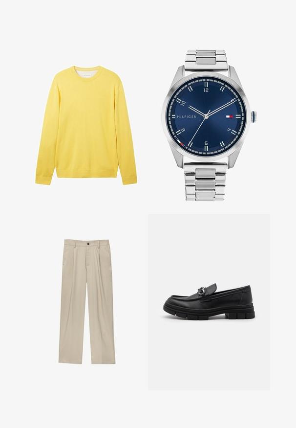 Rumena dolgi rokav pulover iz gladkega, lahkega materiala. Ima okrogel izrez, rebraste manšete in diskreten logotip spredaj.; Bež hlače ravnega kroja, z enim črnim gumbom, zanke za pas in stranskimi žepi. Gladka tekstura tkanine in minimalističen dizajn.; Črni usnjeni loaferji z zaobljenim nosom, dekorativnim trakom in dodatki ter debelim teksturiranim podplatom. Gladek zaključek s subtilnimi detajli.; Srebrna kovinska ura z brušenim modrim številcem, belimi številčnicami in prikazom datuma. Ima povezano kovinsko zapestnico in logotip blagovne znamke.
