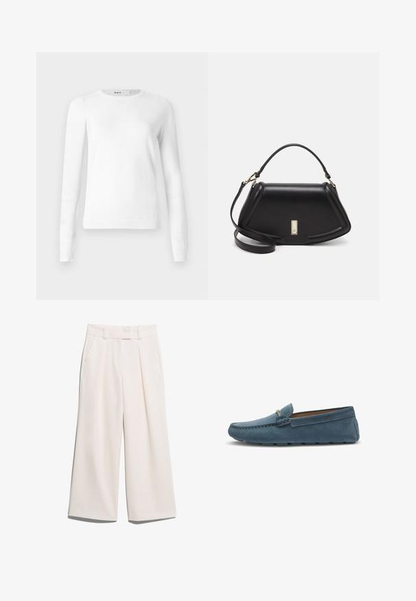 White long-sleeve crewneck sweater made of soft knit material. Features ribbed cuffs and hem with a seamless design. No visible patterns or accents.; Wide-leg trousers in a light cream color, made of smooth fabric with two front pockets and visible stitching on the waistband.; Blue suede loafers with a flat sole, featuring a stitched design along the edges and a decorative metal accent at the front.; Black leather handbag with a structured design, featuring a cropped shape, top handle, and gold hardware accent. Adjustable shoulder strap included.