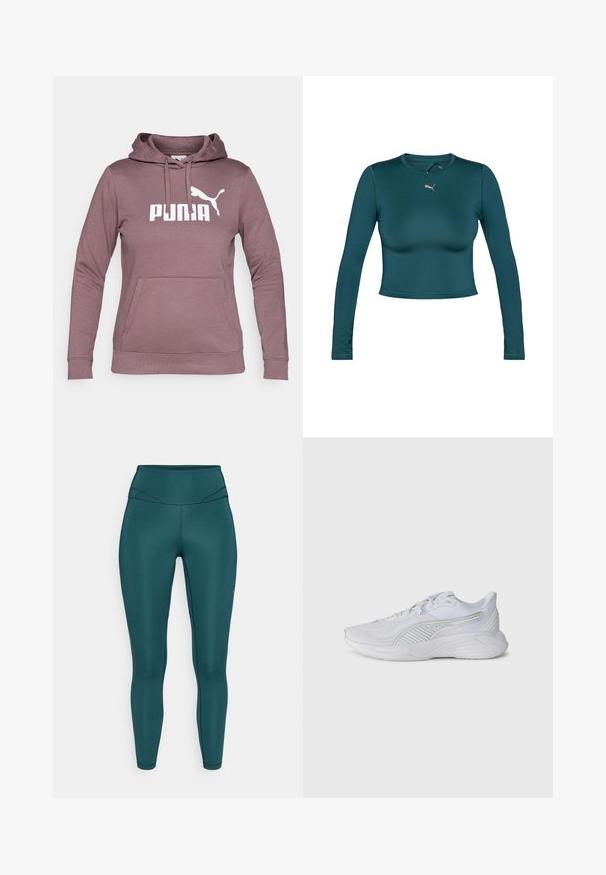 Mauve mikina s kapucí, přední kapsou, stahovací šňůrkou a bílým logem PUMA. Vyrobená z měkké tkaniny s žebrovanými manžetami a lemem.; Dlouhý rukáv, zkrácený top v teal látce s hladkou texturou. Má kulatý výstřih a malou zlatou Puma logo na hrudi.; Tyrkysové legíny s vysokým pasem vyrobené z hladkého, elastického materiálu. Mají ploché švy a přiléhavý střih, vhodné pro sportovní aktivity.; Bílé sportovní boty s texturovaným svrškem, pruhovanými akcenty a polstrovanou podrážkou. Obsahují tkaničky a zaoblený design špičky.