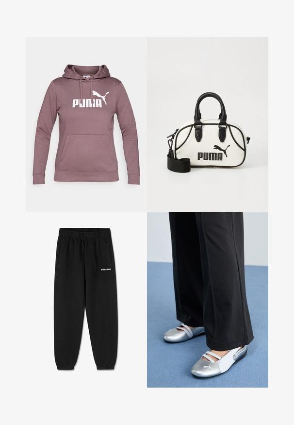 Hanorac cu glugă de culoare mauve, cu buzunar frontal, șnur pentru glugă și logo PUMA alb. Fabricat dintr-un material moale, cu manșete și tiv dublat.; Pantaloni de trening negri dintr-un material moale, cu un tiv ajustabil la talie, picioare conice și buzunare laterale. Logo-ul "PEGADOR" în alb pe față.; Pantofi plat din silver și alb cu bretele încrucișate și detalii texturate, completate de pantaloni negri lejeri. Fundalul este un podea albastră.; Geantă albă cu accente negre, ce prezintă un logo Puma. Mânere scurte și rotunjite și o curea detașabilă, confecționată din material sintetic texturat.