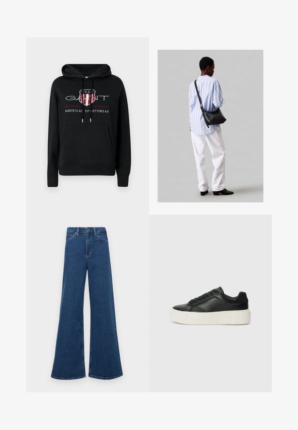 Czarna bawełniana bluza z kapturem, z kieszenią z przodu, regulowanym kapturem na sznurki oraz graficznym logo z motywem tarczy i tekstem w kolorze czerwonym i szarym.; Niebieskie dżinsy z rozszerzanymi nogawkami i wysokim stanem, z pięcioma kieszeniami, zapięciem na guzik i kontrastowym przeszyciem na szwach.; Czarne skórzane trampki z zaokrąglonym czubkiem, białą platformą i czarnymi sznurówkami. Charakteryzują się subtelnym logo na pięcie i gładką fakturą.; Czarna skórzana torba na ramię o miękkiej fakturze, w kształcie trójkąta, z regulowanym paskiem, połączona z jasnoniebieską koszulą w paski i białymi spodniami.